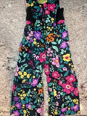 Girls' Floral Black Snow Overalls with Adjustable Straps